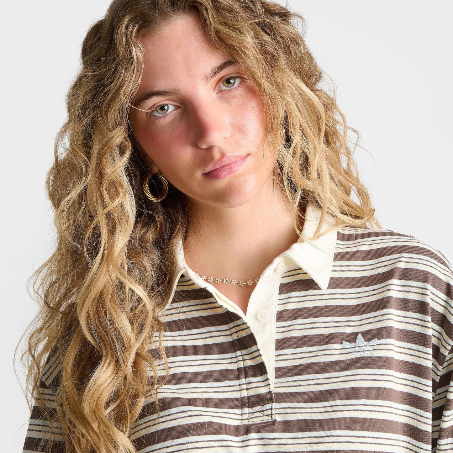 Women's adidas Originals Striped OVZD Long-Sleeve Polo T-Shirt - Earth Strata/Ice Blue