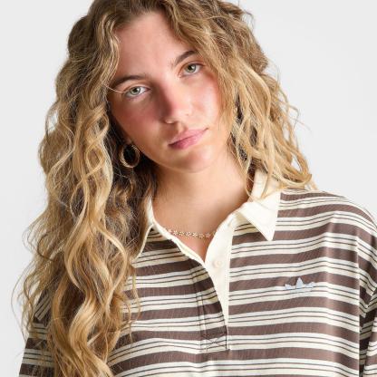 Women's adidas Originals Striped OVZD Long-Sleeve Polo T-Shirt - Earth Strata/Ice Blue
