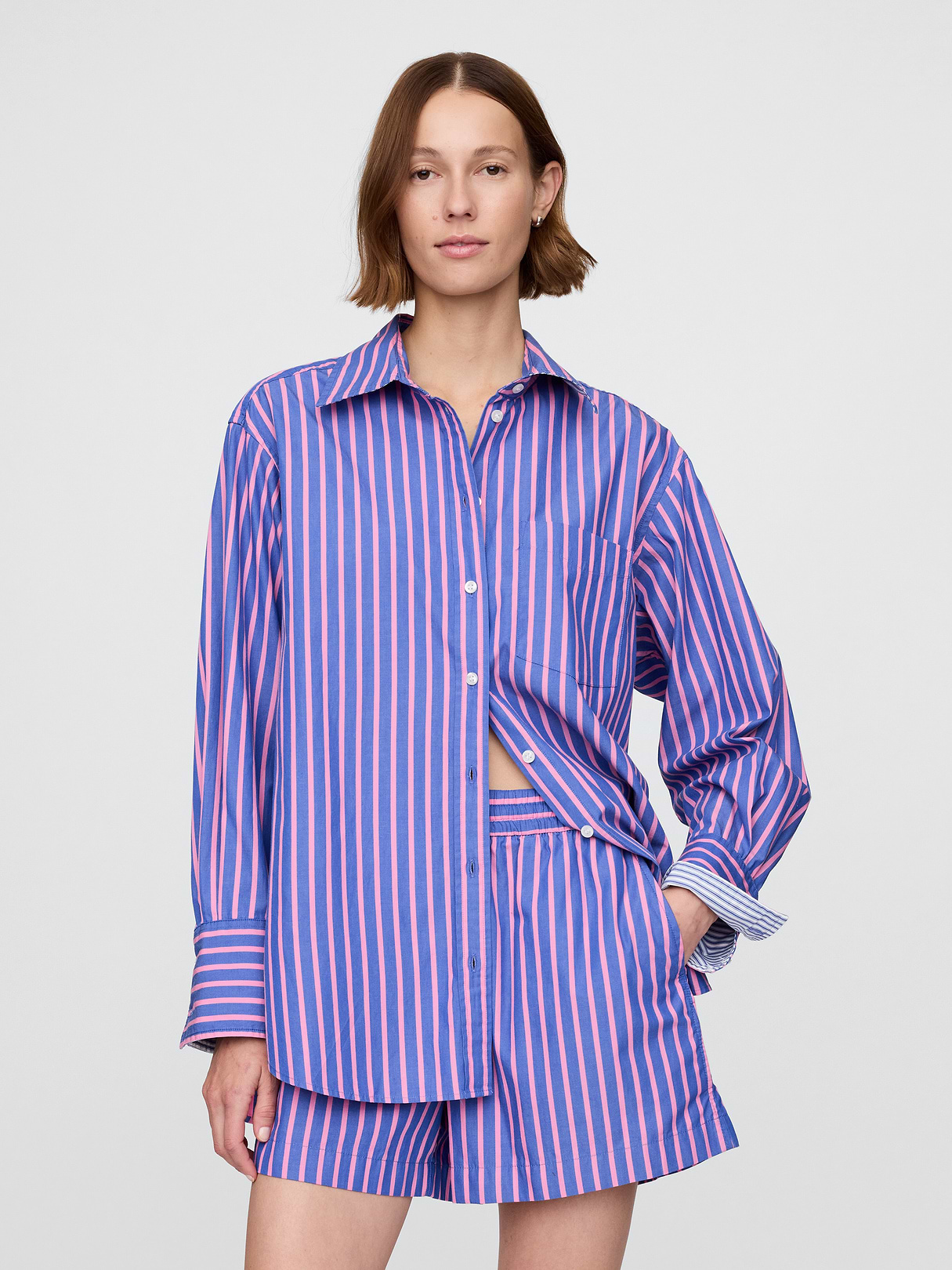 Organic Cotton Poplin Stripe Big Shirt - Pink and blue stripe