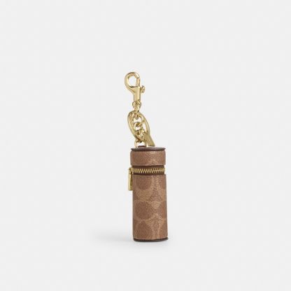 Lipstick Case Bag Charm In Signature Canvas - Gold/Tan/Brown