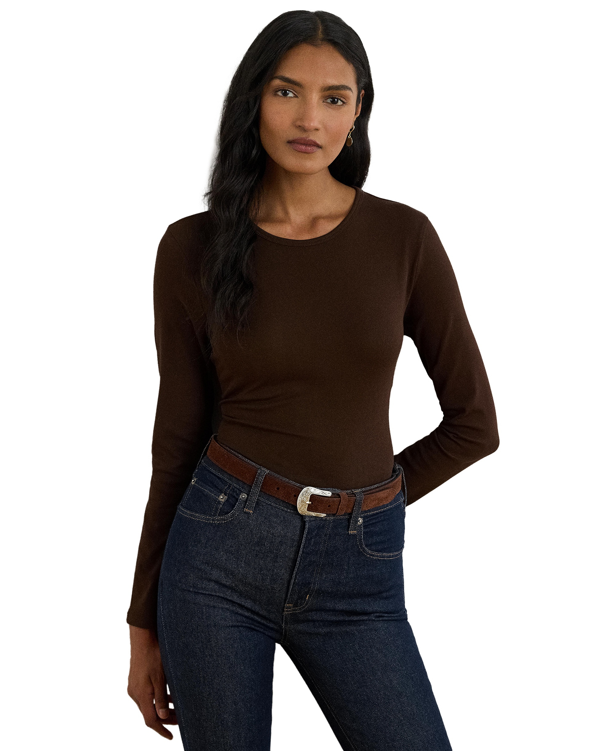 Lauren Ralph Lauren Cotton-Blend Long-Sleeve Top - Circuit Brown