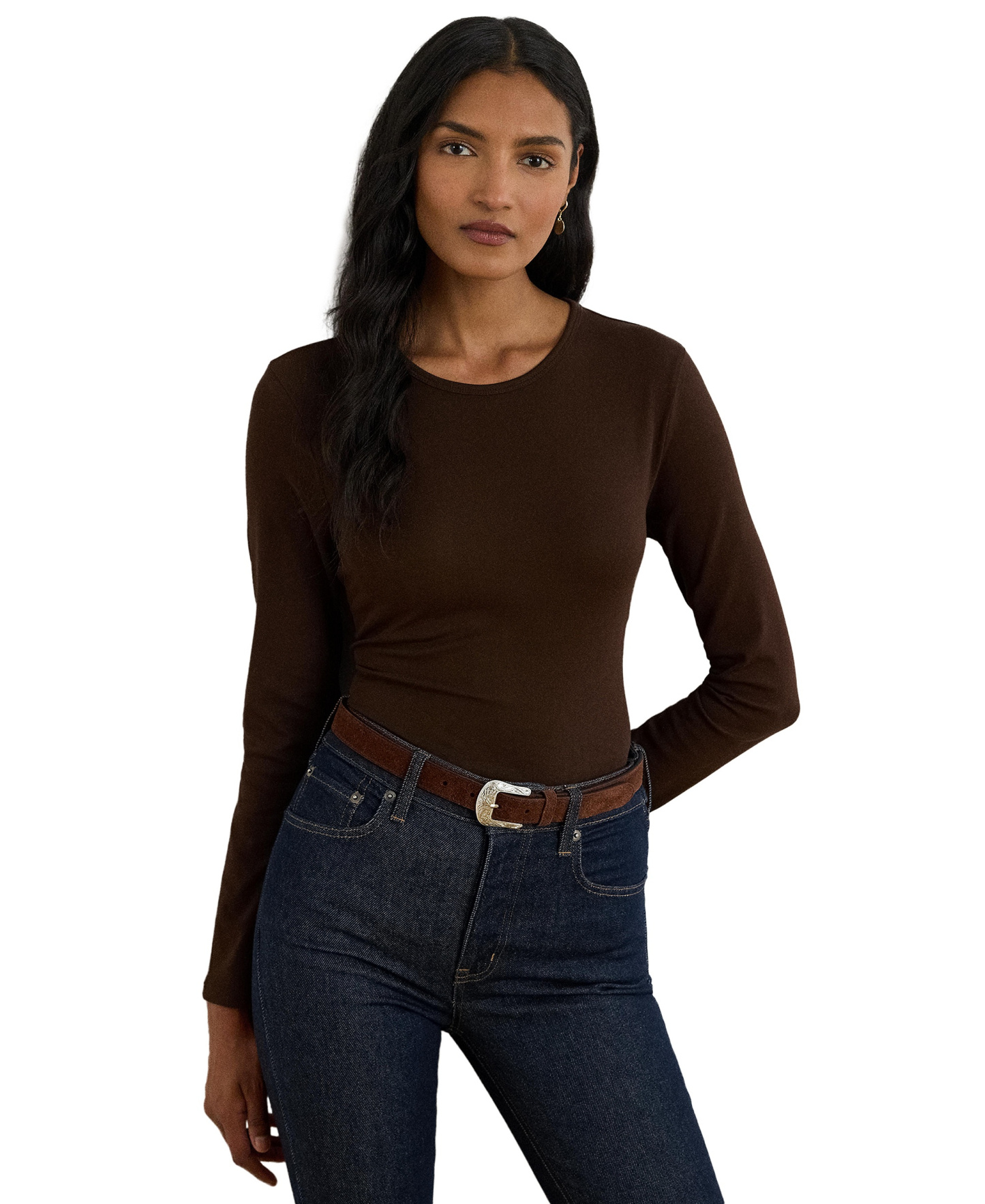 Lauren Ralph Lauren Cotton-Blend Long-Sleeve Top - Circuit Brown
