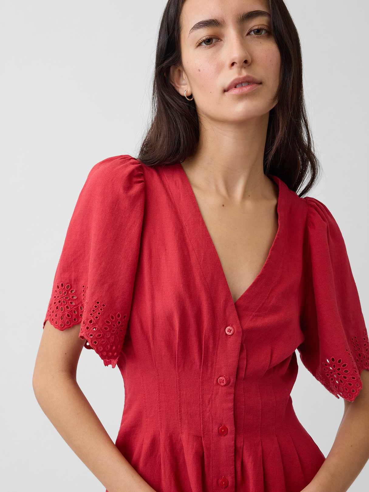 Linen-Blend Cinched Mini Shirtdress - Chakra red