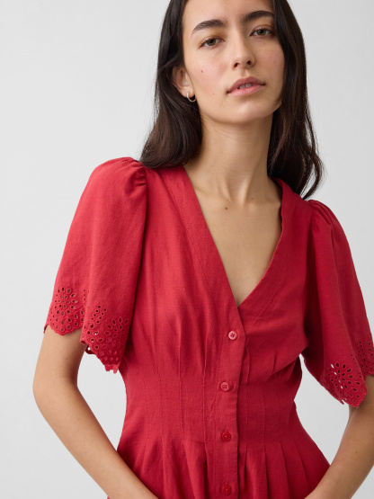 Linen-Blend Cinched Mini Shirtdress - Chakra red