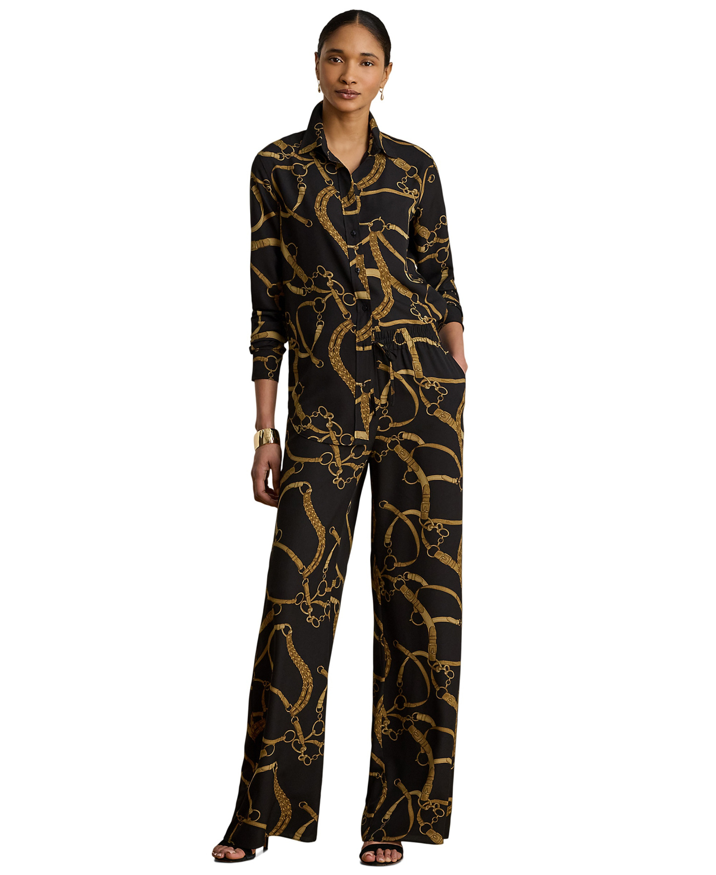 Lauren Ralph Lauren Women's Belting-Print Wide-Leg Pants - Black/tan