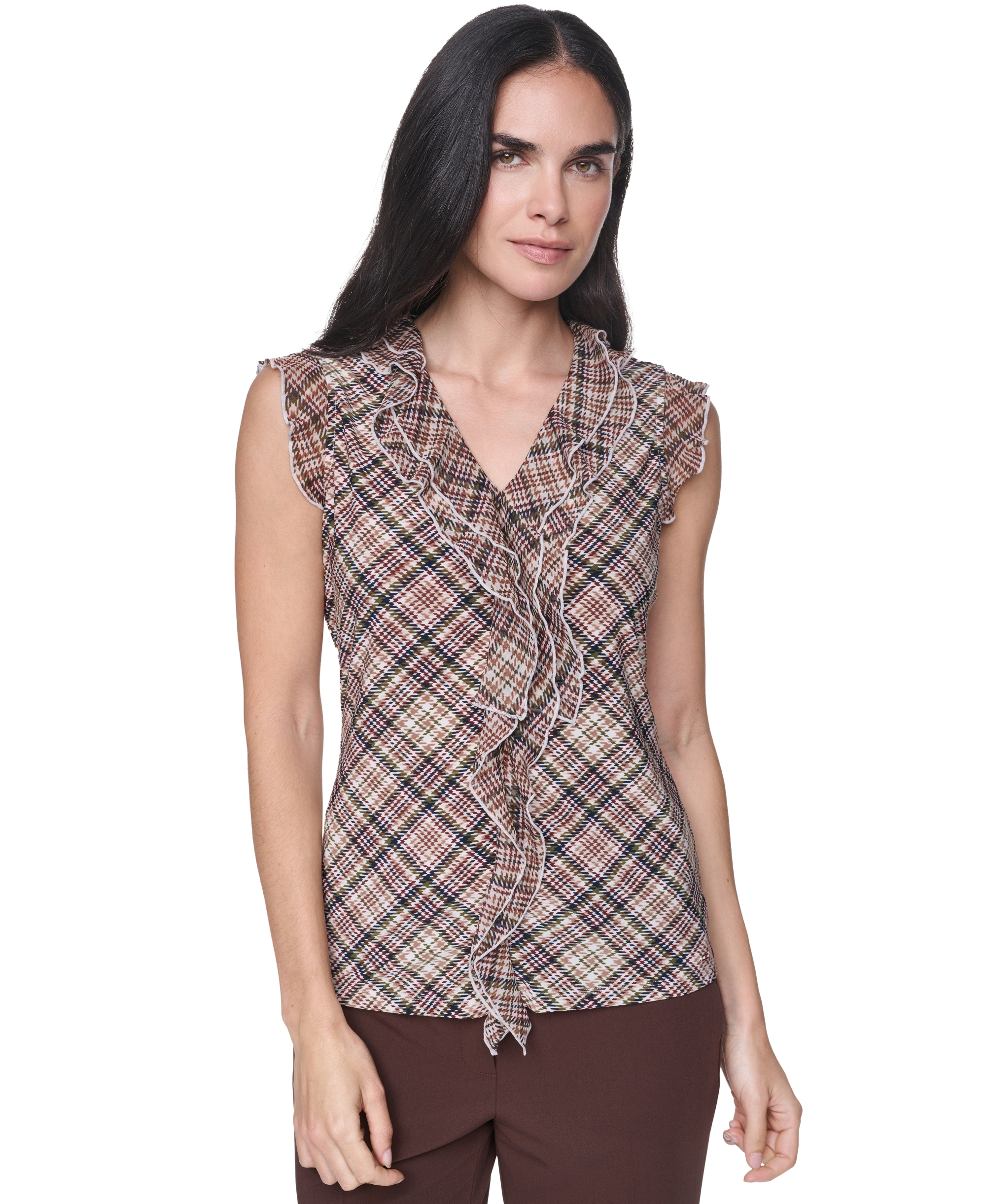 Tommy Hilfiger Women's V-Neck Plaid Ruffle Sleeveless Blouse - Whitecap Multi