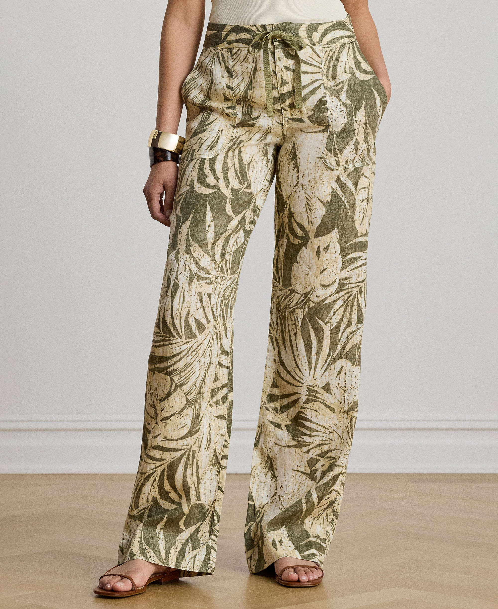 Lauren Ralph Lauren Women's Mid-Rise Palm-Frond-Print Wide-Leg Pants - Olive Multi