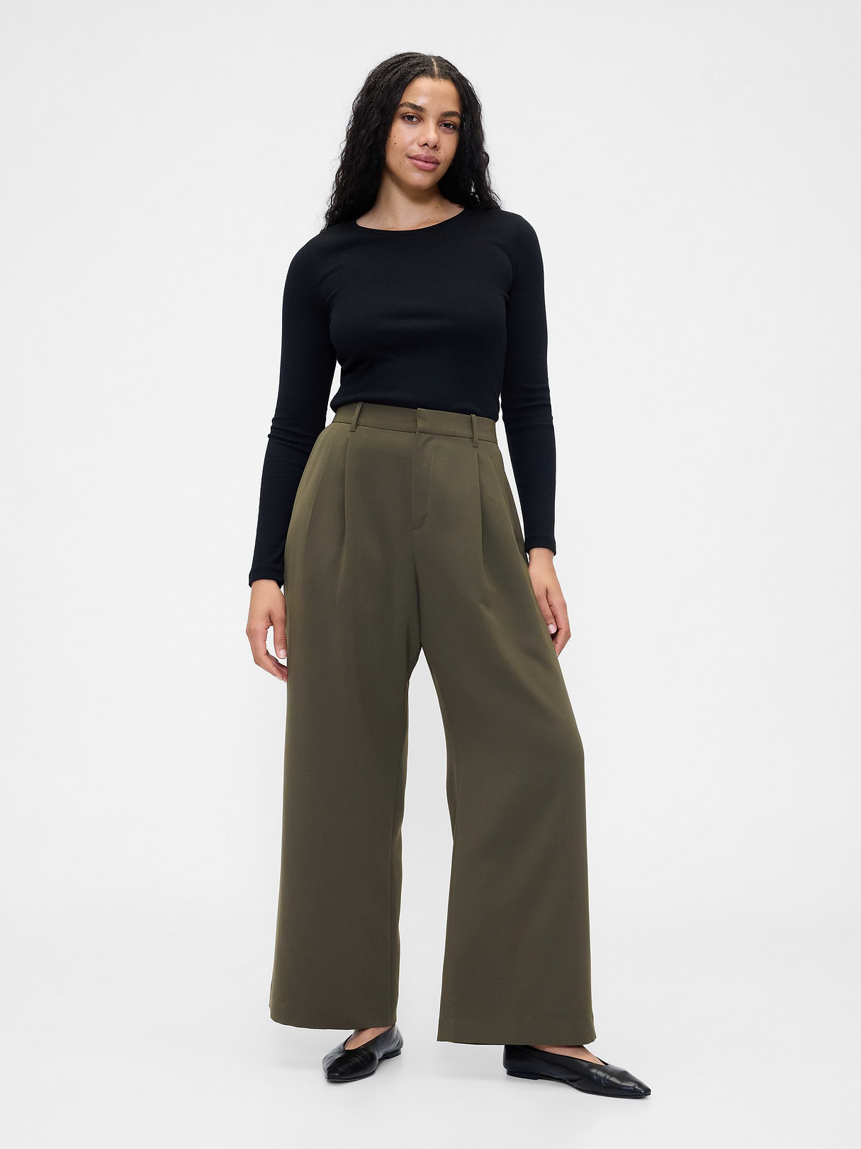 365 High Rise Pleated Trousers - Black moss green
