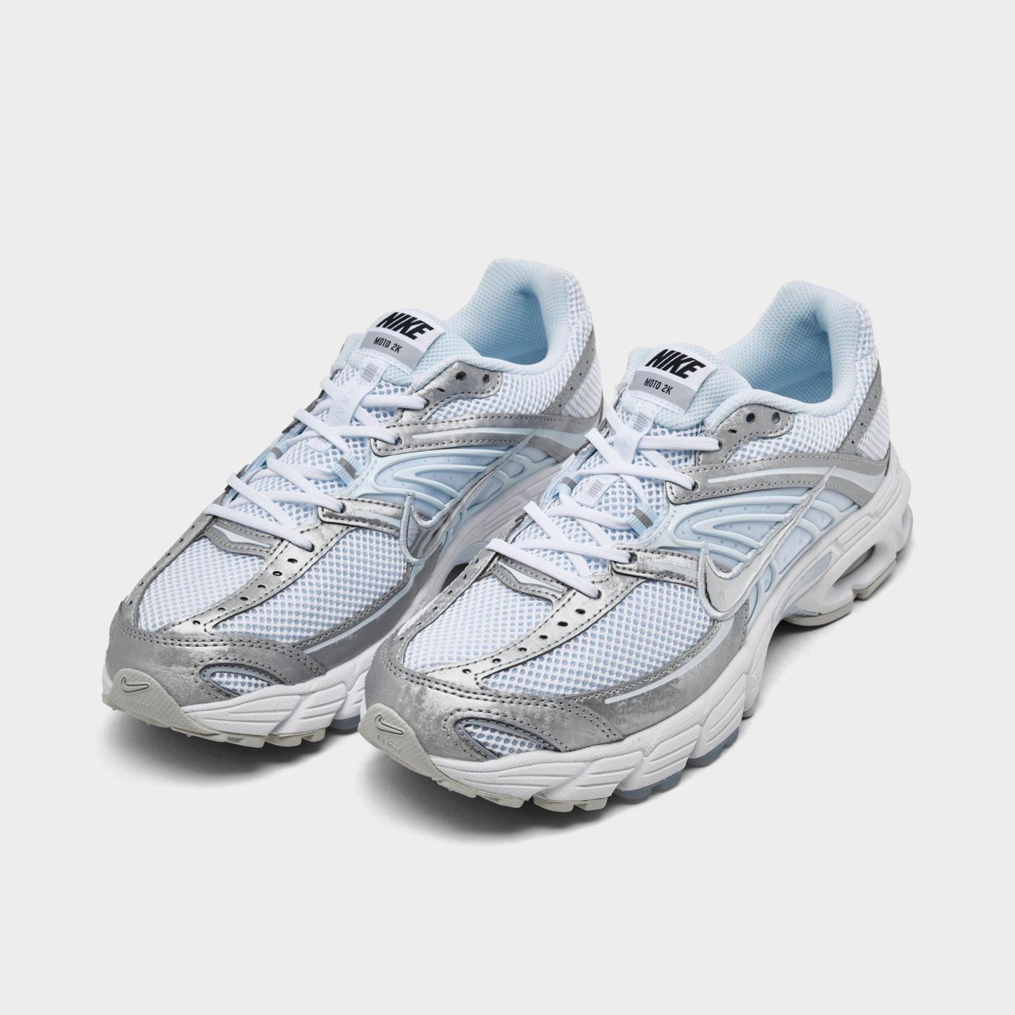 Women's Nithtke Air Max Moto 2K Casual Shoes - Part 1 - White/Metallic Silver/Blue Tint - Both shoes facing left