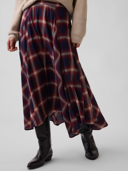 Plaid Maxi Handkerchief Skirt - Navy blue & red plaid
