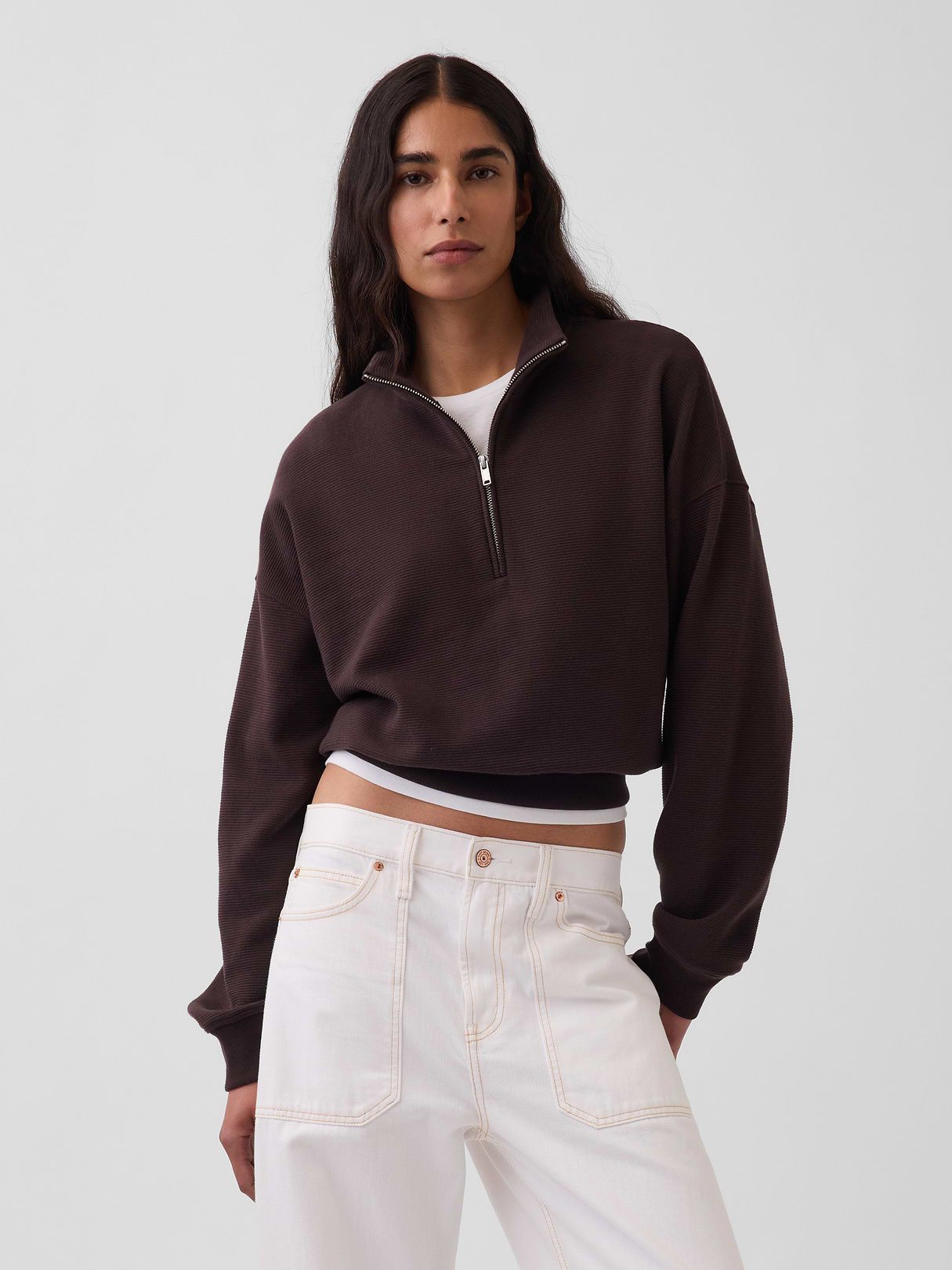 Textured Cotton Oversized Half-Zip Pullover - Terra brown
