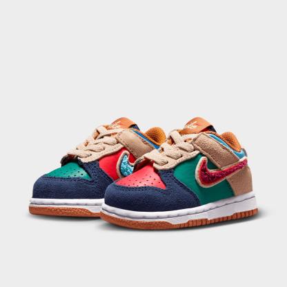 Kids' Toddler Nithtke Dunk Low Casual Shoes - Beige/Midnight Navy/Speed Red/Green Noise - Both shoes facing left