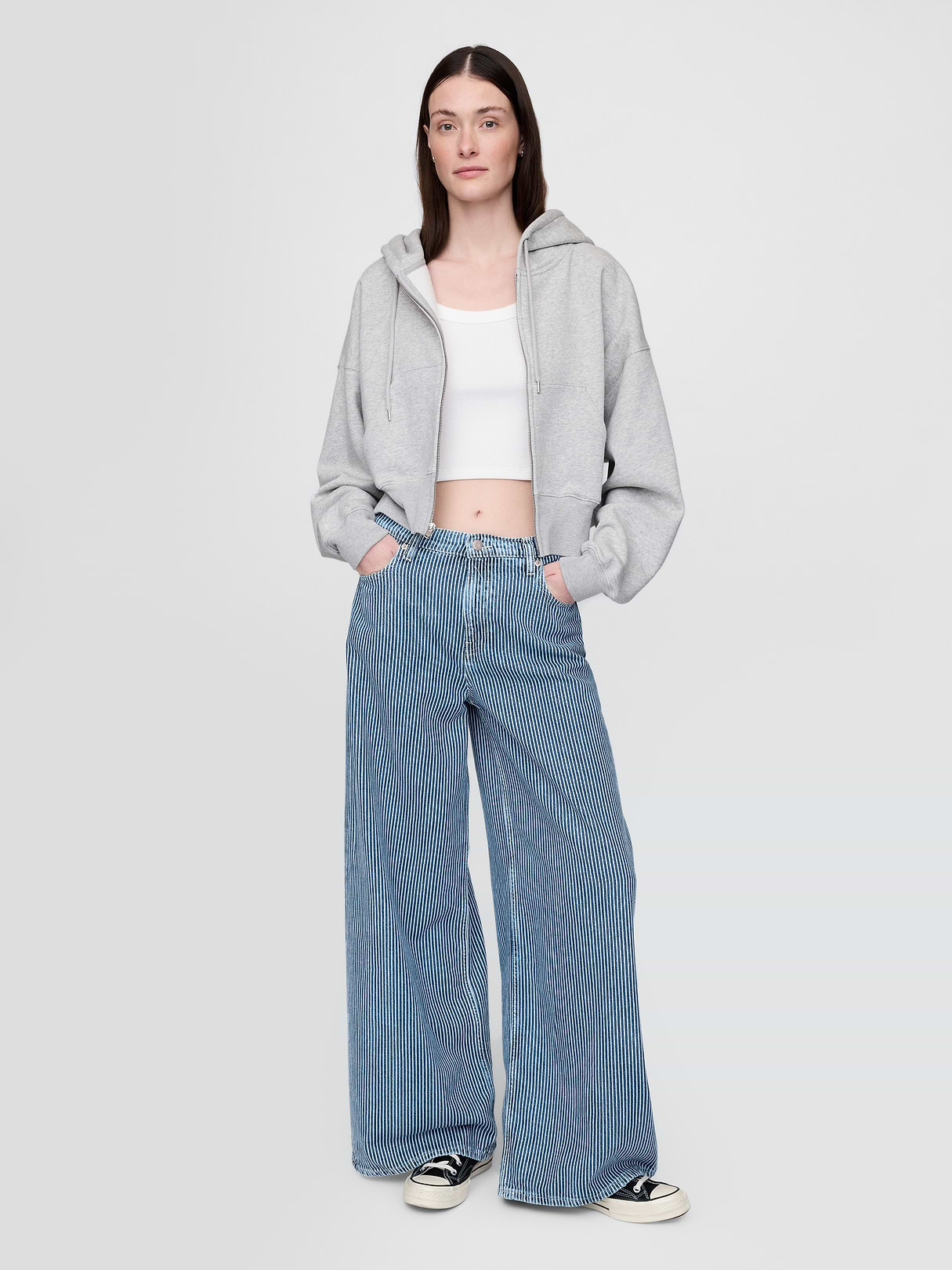 Mid Rise Denim Stripe Baggy Jeans - Blue indigo stripe