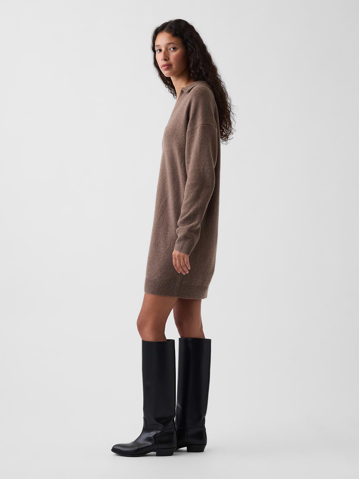 CashSoft Oversized Polo Sweater Mini Dress - Cool brown