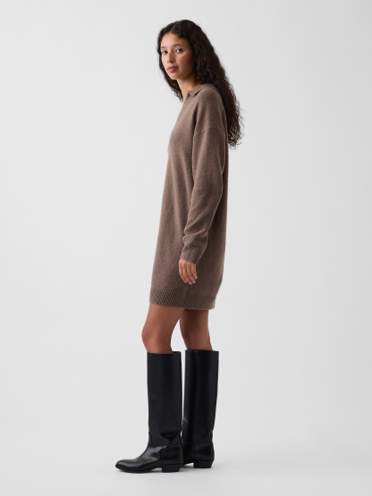 CashSoft Oversized Polo Sweater Mini Dress - Cool brown