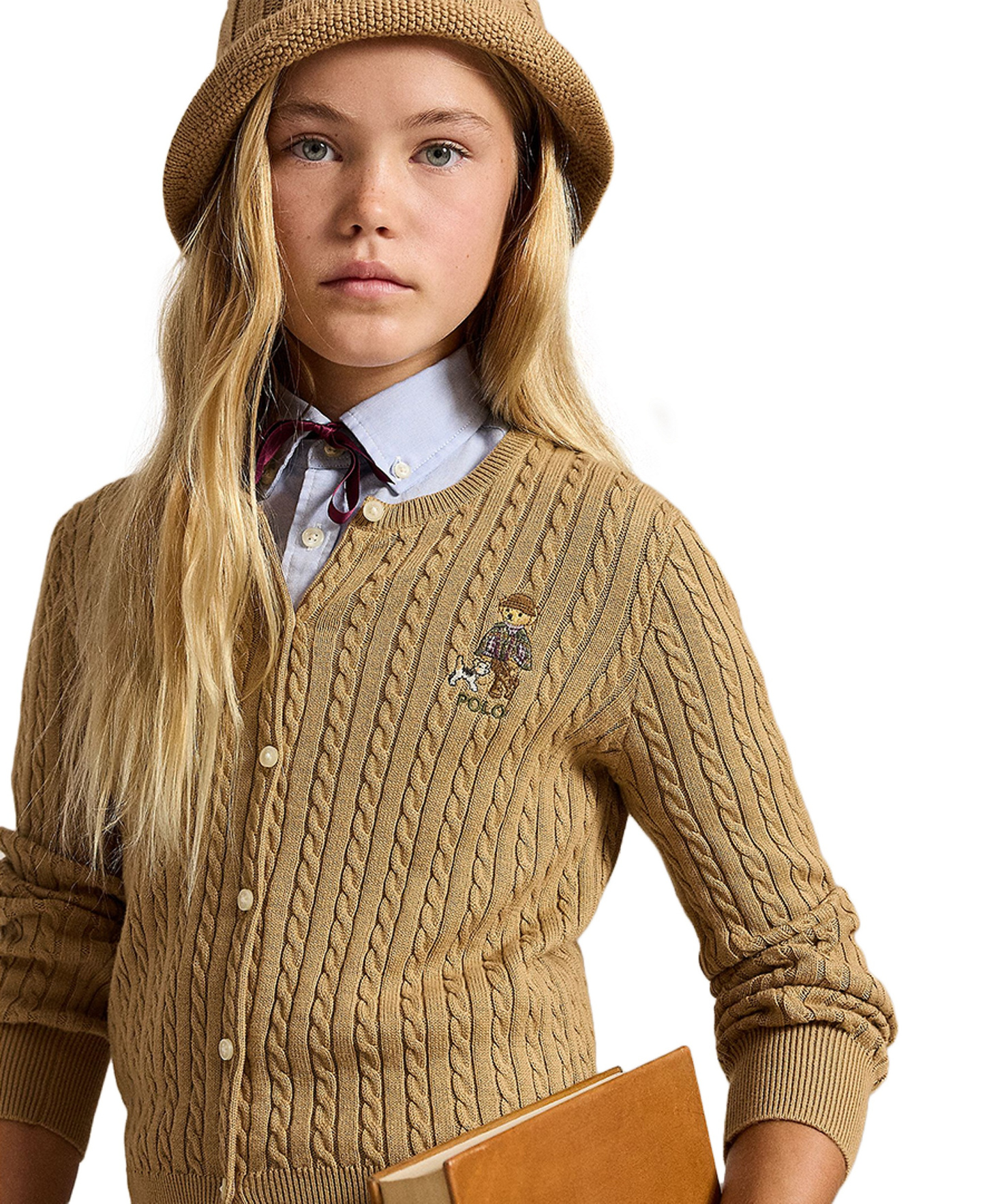 Polo Ralph Lauren Girls' 7-16 Polo Bear Mini-Cable Cotton Cardigan - Berkshire Tan