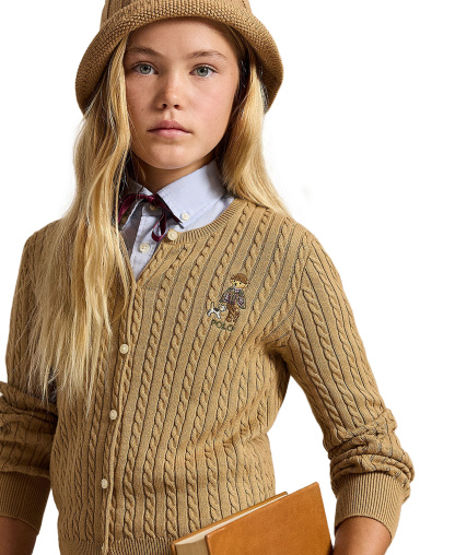 Polo Ralph Lauren Girls' 7-16 Polo Bear Mini-Cable Cotton Cardigan - Berkshire Tan