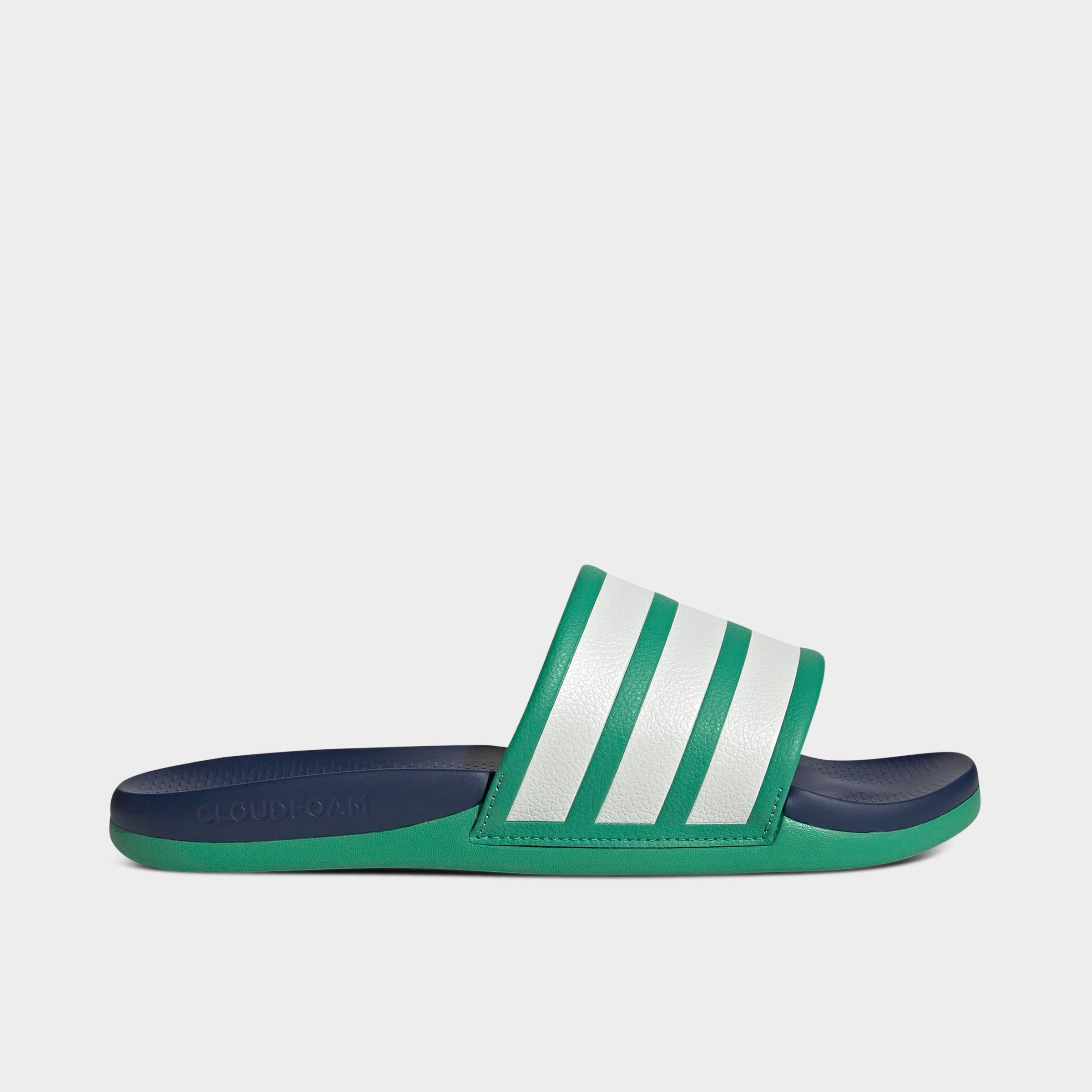 Women's adidas Adilette Comfort 2.0 Slide Sandals - Semi Court Green/Core White/Dark Blue - Left shoe facing left. Outside of the shoe.