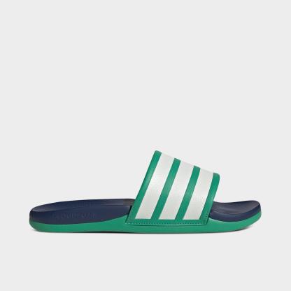 Women's adidas Adilette Comfort 2.0 Slide Sandals - Semi Court Green/Core White/Dark Blue - Left shoe facing left. Outside of the shoe.