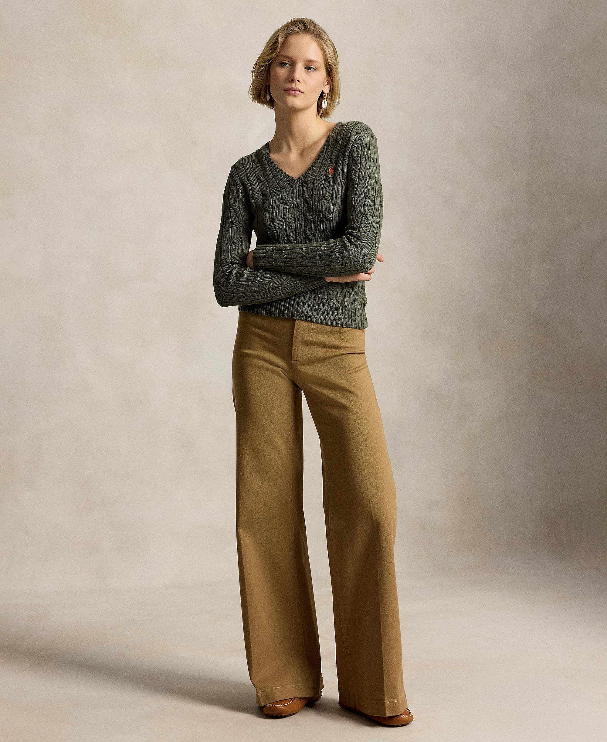 Polo Ralph Lauren Women's Cable-Knit Cotton V-Neck Sweater - Dense Olive