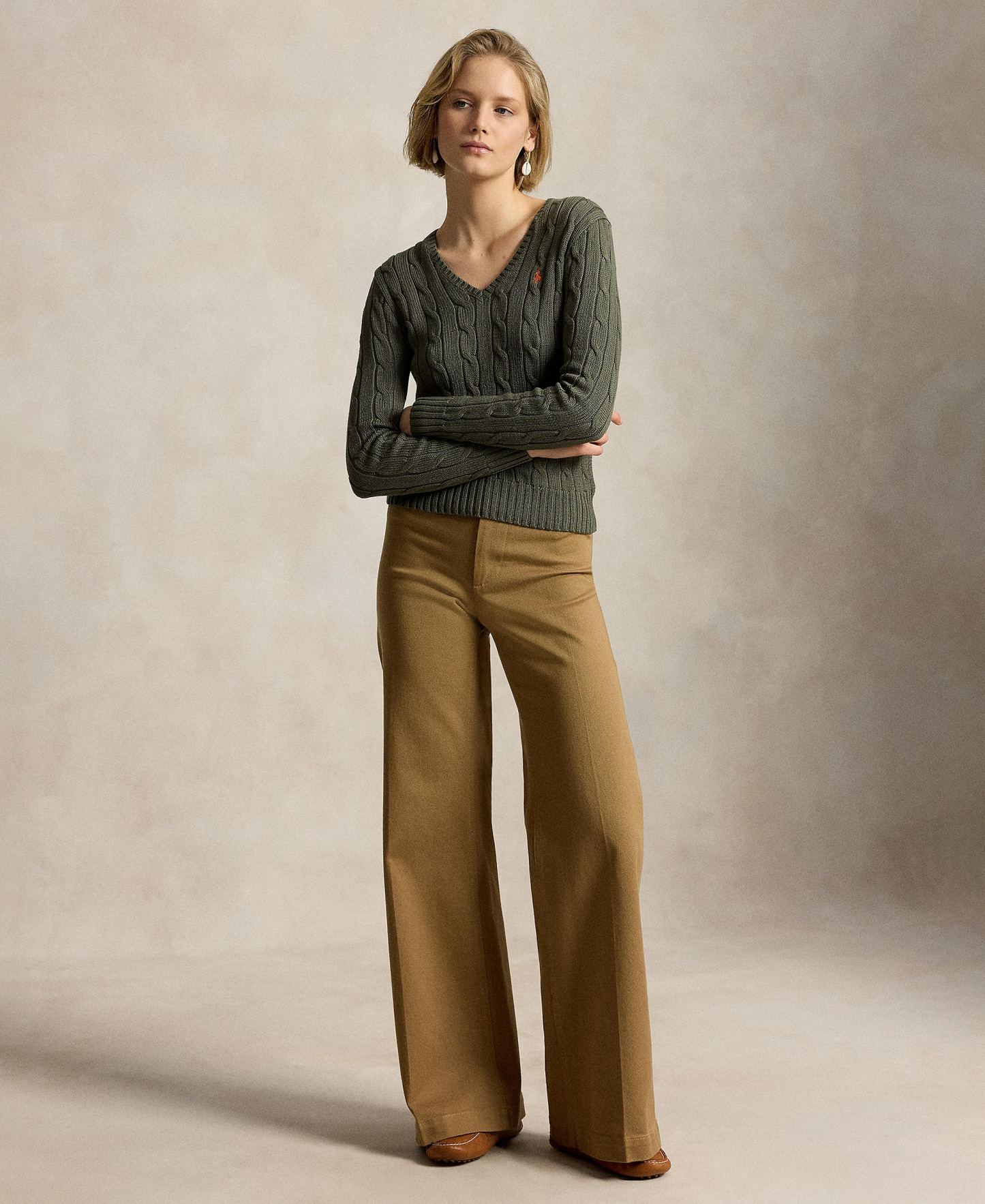 Polo Ralph Lauren Women's Cable-Knit Cotton V-Neck Sweater - Dense Olive