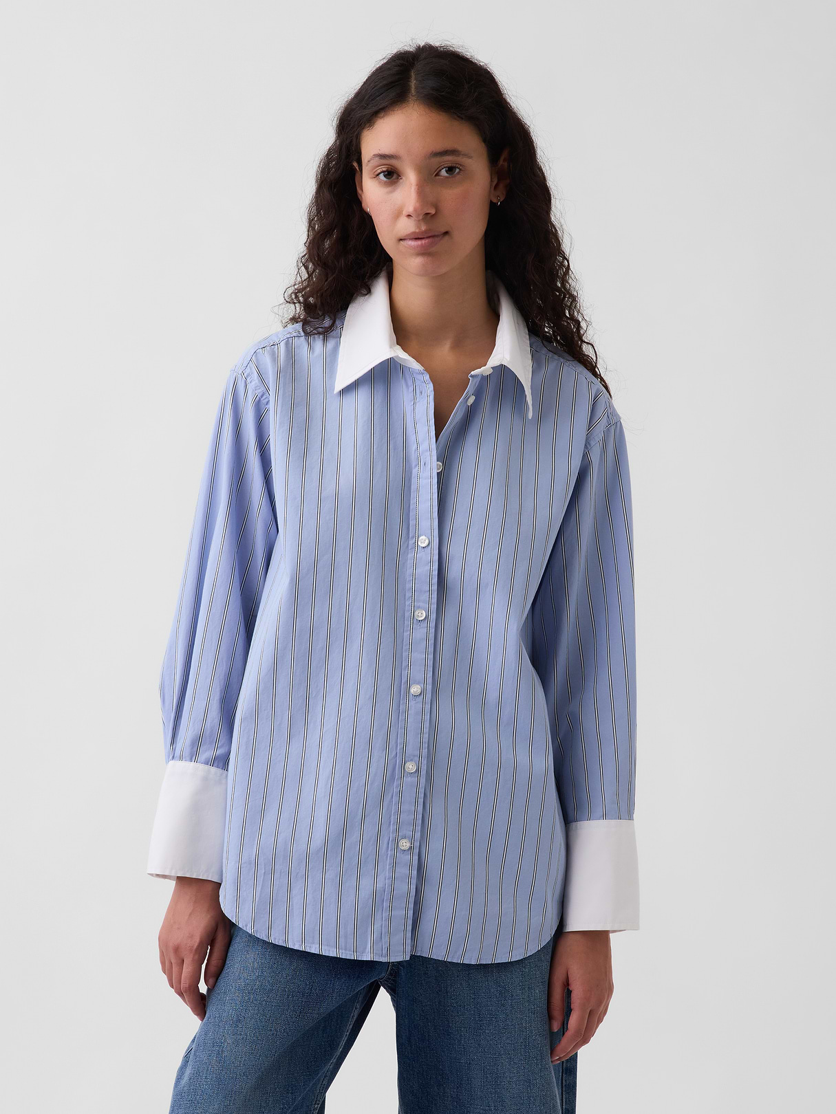 Organic Cotton Poplin Stripe Big Shirt - Light blue stripe