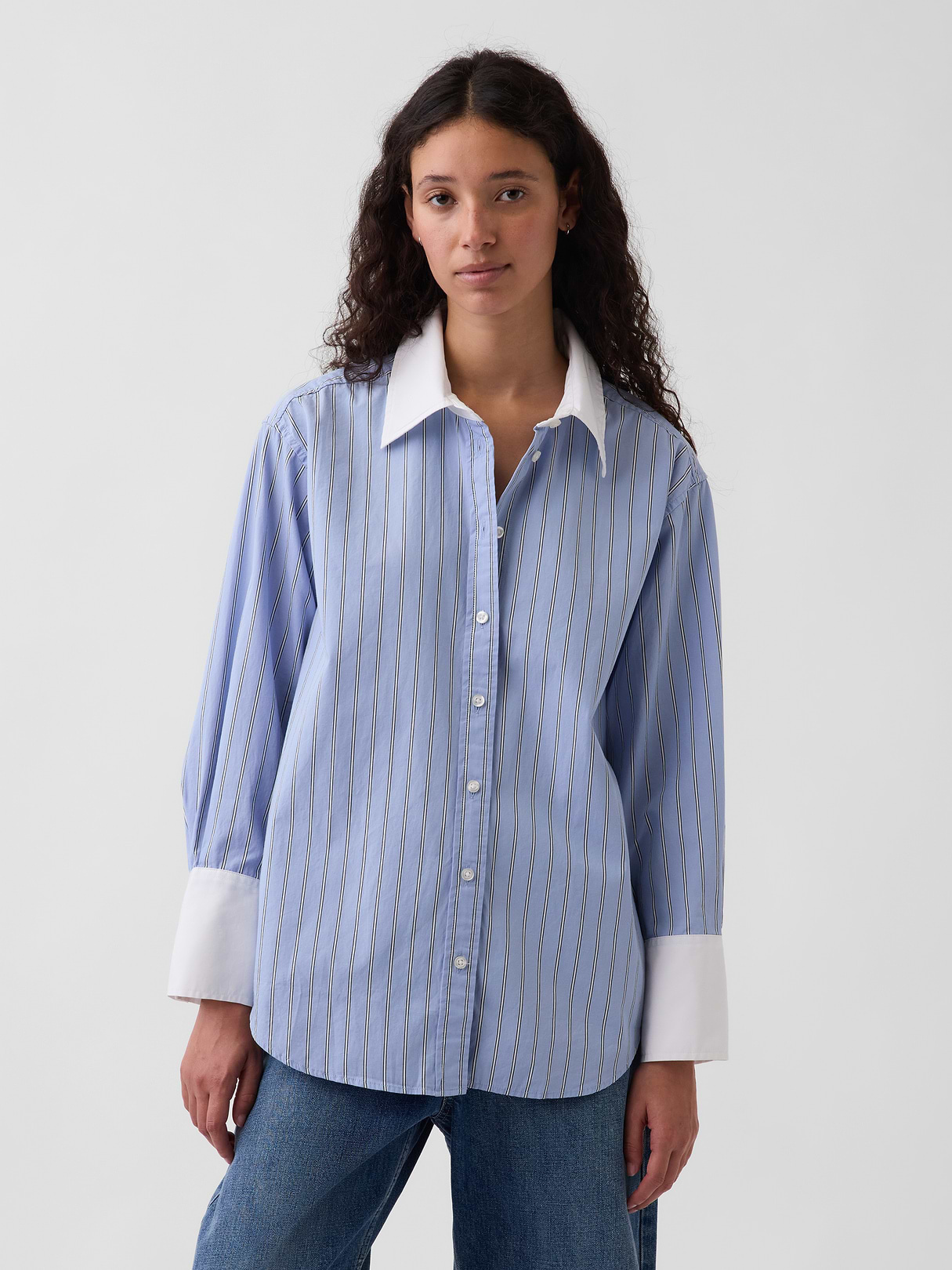 Organic Cotton Poplin Stripe Big Shirt - Light blue stripe