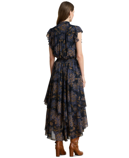 Lauren Ralph Lauren Women's Floral Crinkle Georgette Tie-Neck Midi Dress - Navy Multi