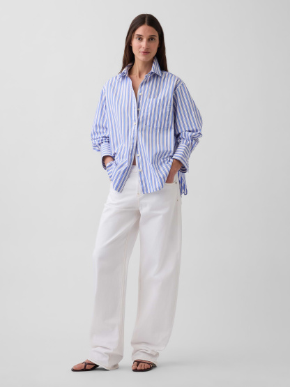 Organic Cotton Poplin Big Shirt - Blue stripe
