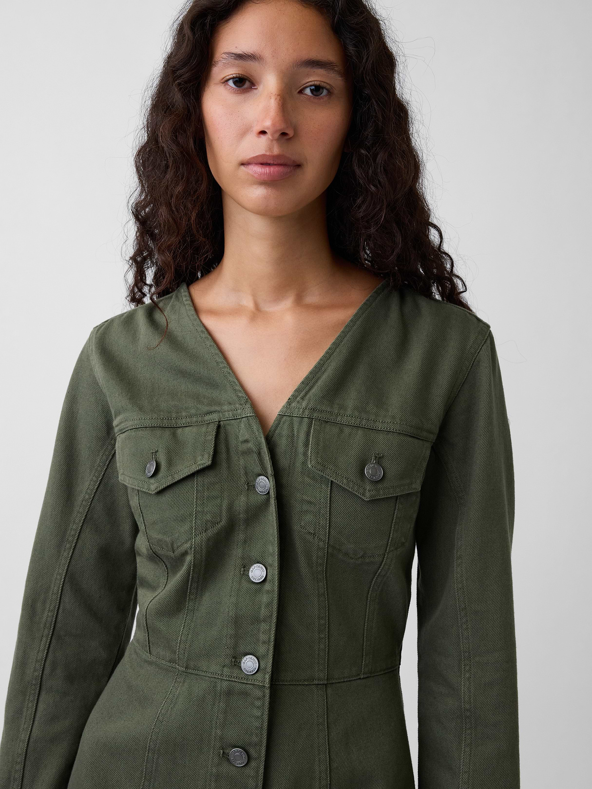 V-Neck Button-Front Mini Dress - Tweed green