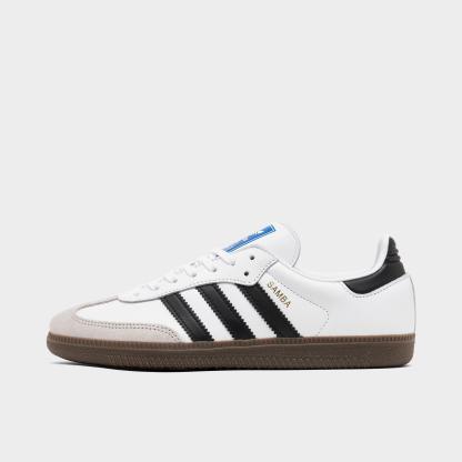 Big Kids' adidas Originals Samba OG Casual Shoes - Part 1 - Footwear White/Core Black/Gum - Left shoe facing left. Outside of the shoe.