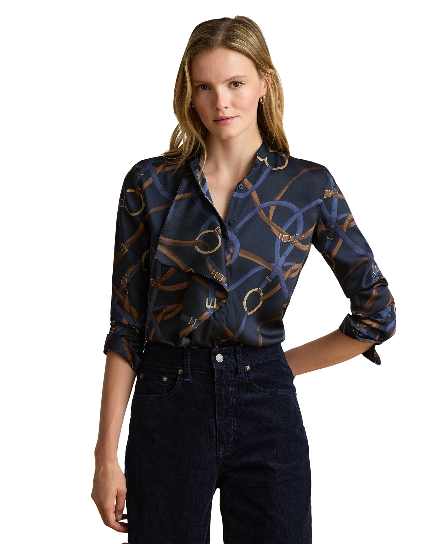 Lauren Ralph Lauren Women's Belting-Print Ruffle-Trim Twill Shirt