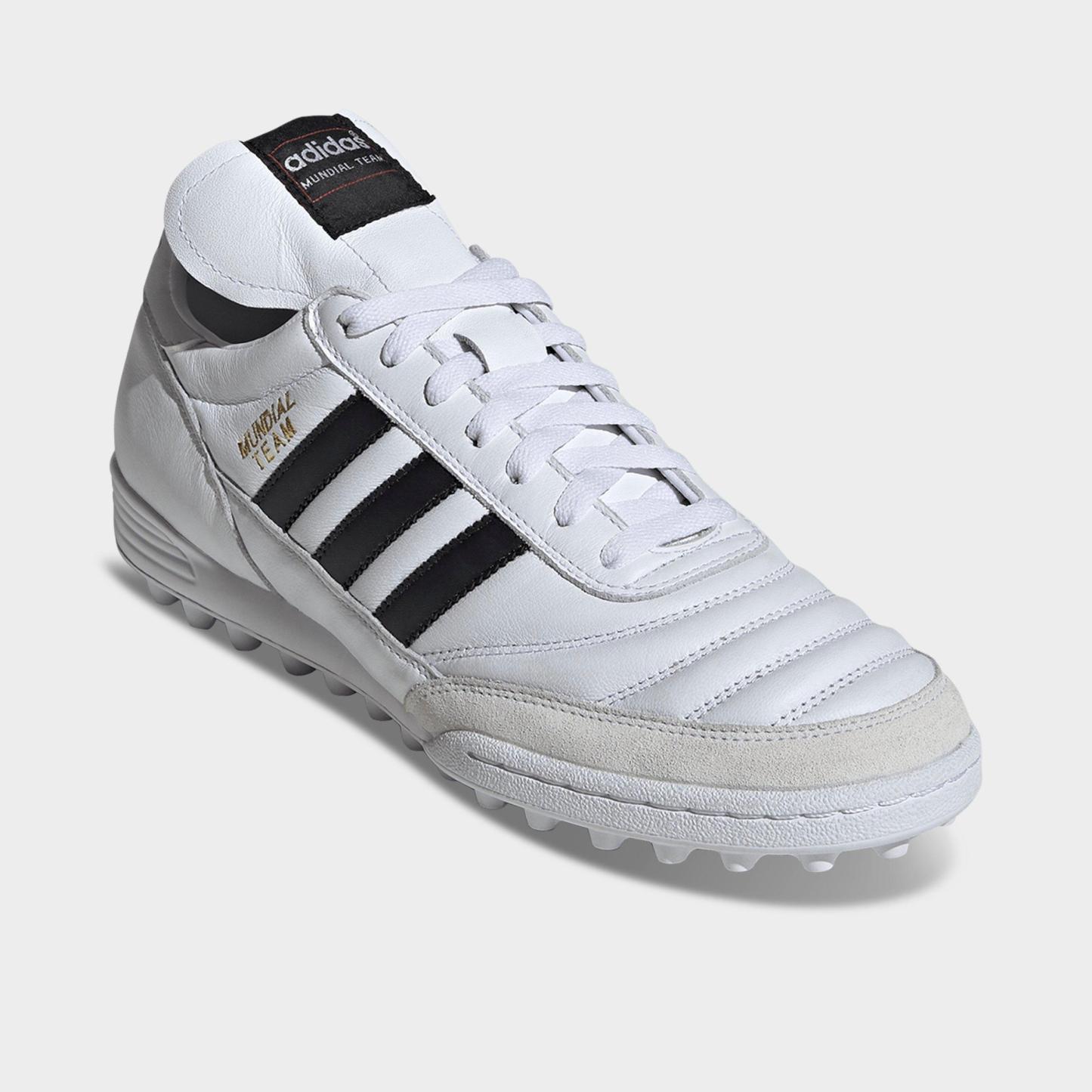 Men's adidas Mundial Team Turf Soccer Cleats - White/Black/Gold Metallic - Both shoes facing left