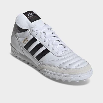 Men's adidas Mundial Team Turf Soccer Cleats - White/Black/Gold Metallic - Both shoes facing left