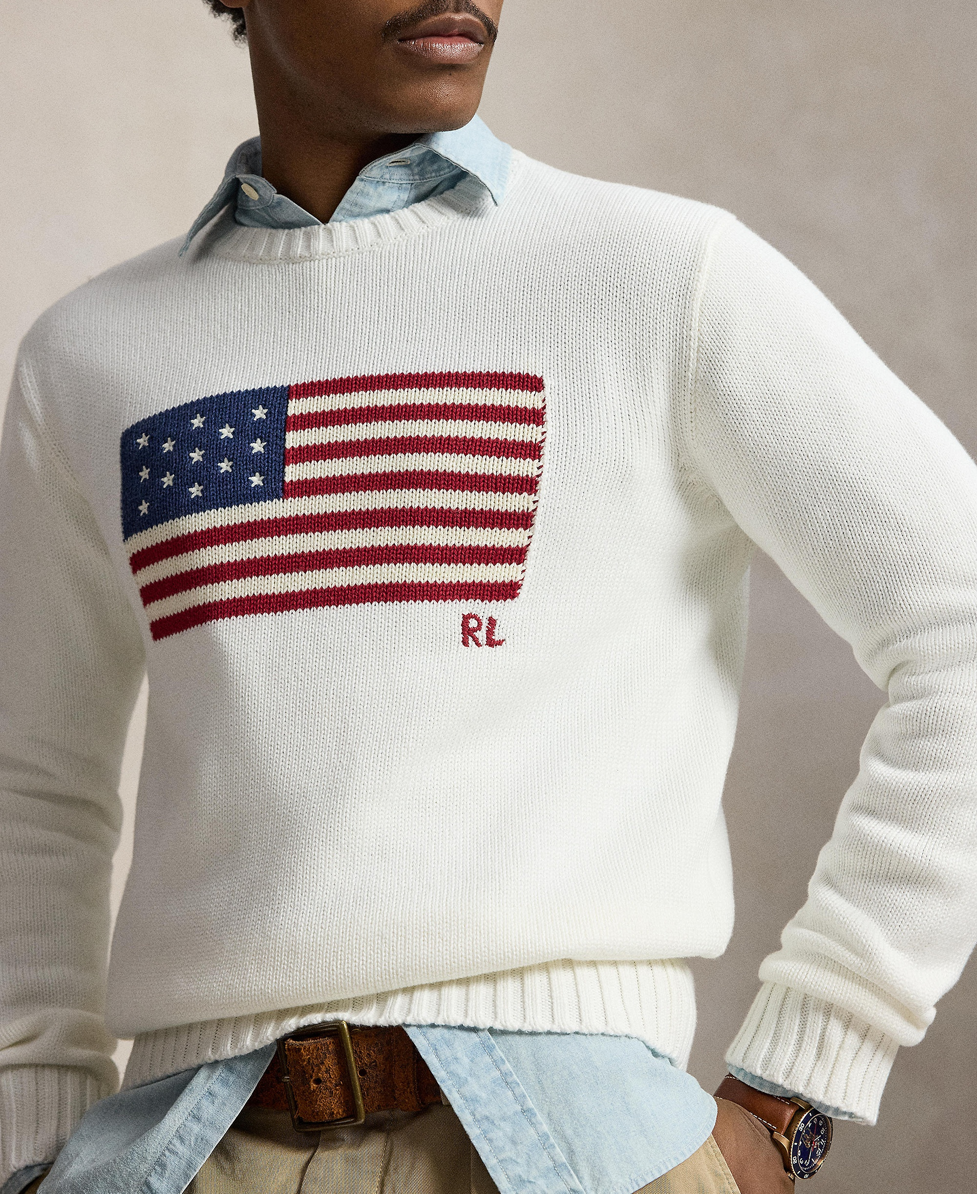Polo Ralph Lauren Unisex The Iconic Flag Sweater - Deckwash White