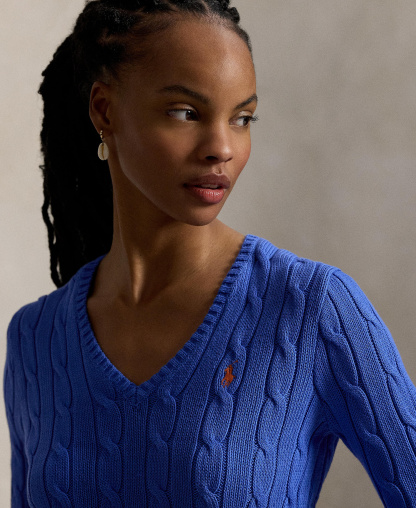 Polo Ralph Lauren Women's Cable-Knit Cotton V-Neck Sweater - Maidstone Blue