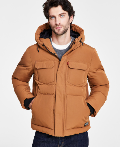 Levi's Men's Quilted Hooded Puffer Jacket - Brown
