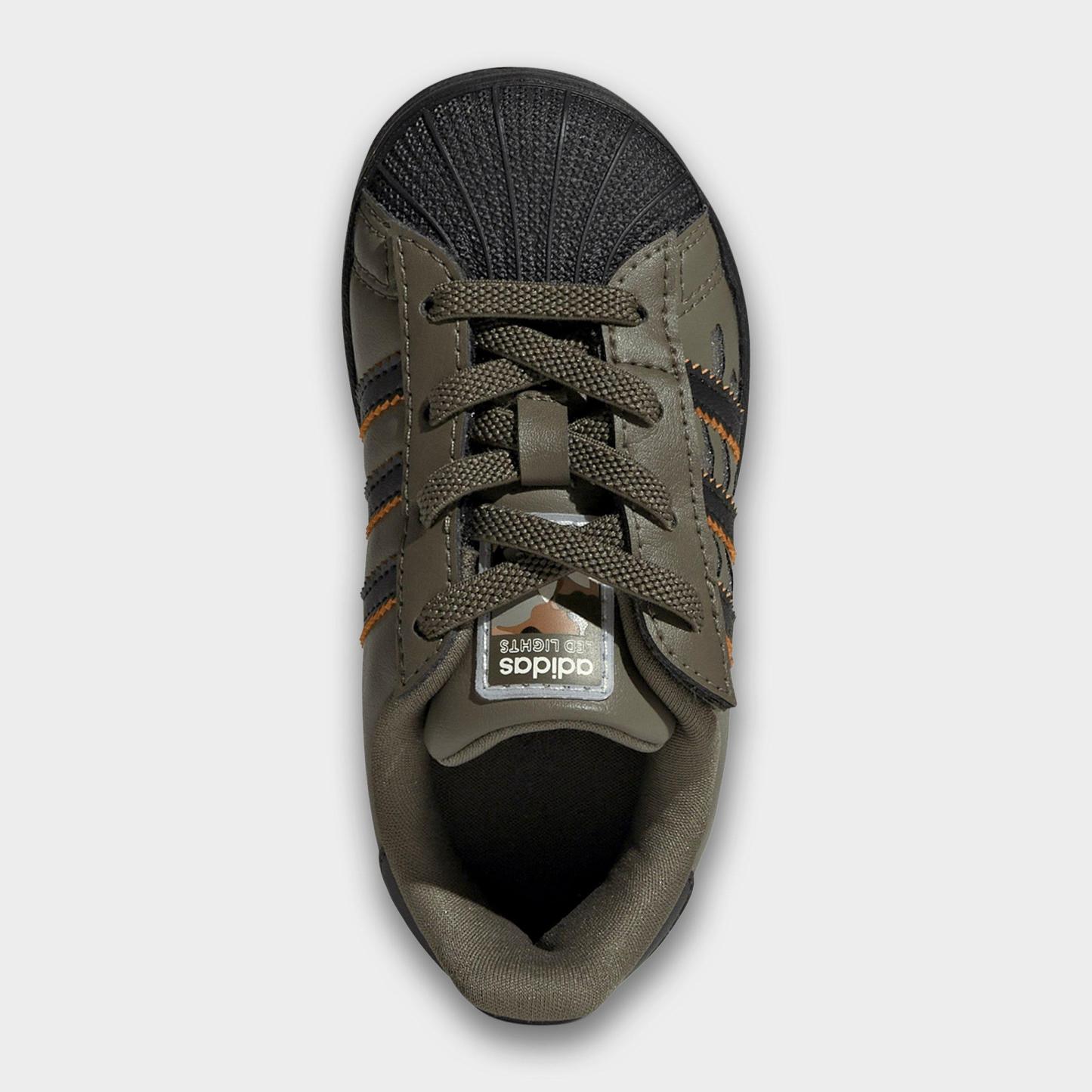 Kids' Toddler adidas Originals Superstar LED Lights Comfort Closure Stretch Lace Casual Shoes - Silver Pebble/Olive Strata/Core Black - Top view