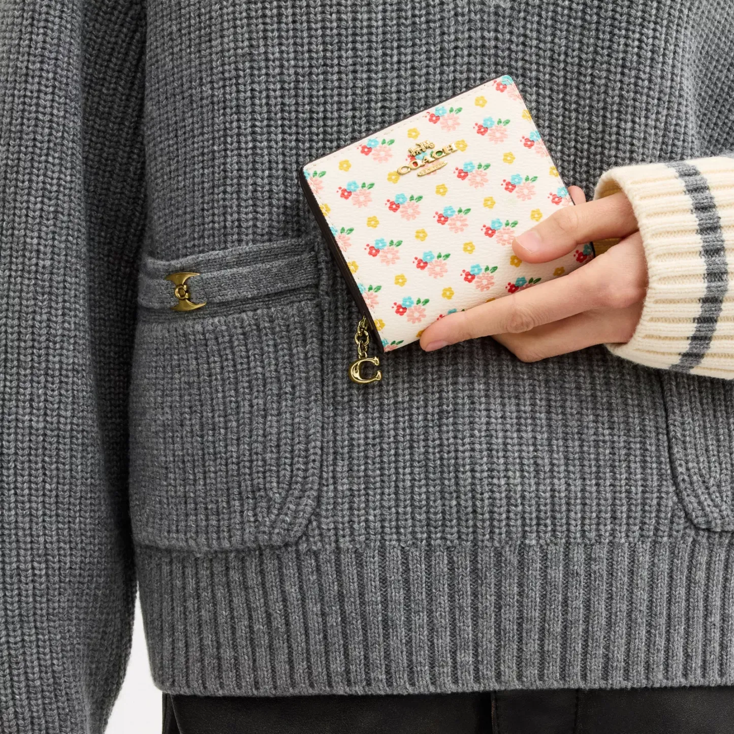 Snap Wallet With Floral Print And Charm - Gold/Chalk Multi - view 2