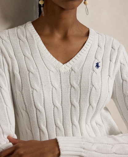 Polo Ralph Lauren Women's Cable-Knit Cotton V-Neck Sweater - White