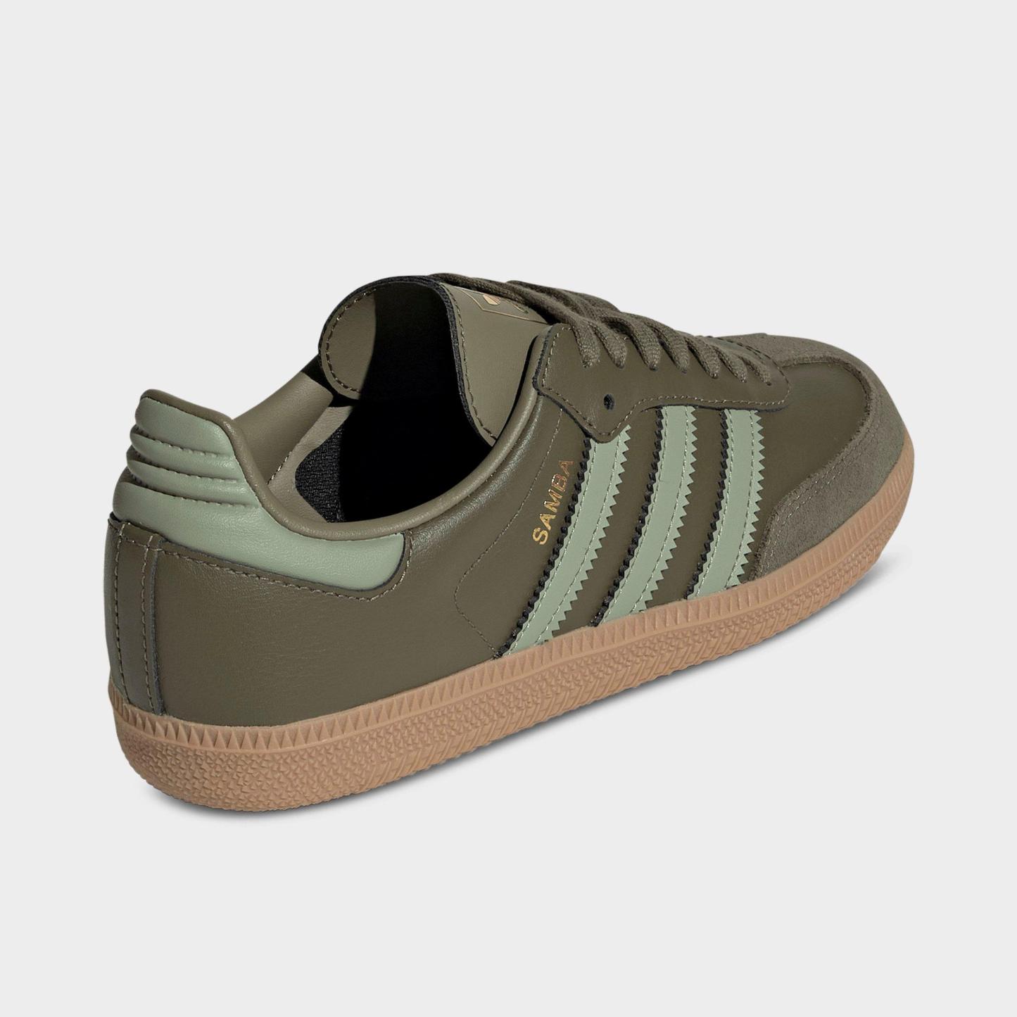Big Kids' adidas Originals Samba OG Casual Shoes - Part 1 - Olive Strata/Tent Green/Gum - Back view