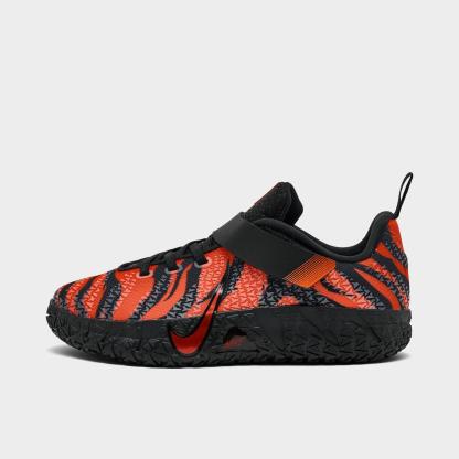 Little Kids' Nithtke Ja 3 Stretch Lace Basketball Shoes - Safety Orange/Black/University Red - Left shoe facing left. Outside of the shoe.
