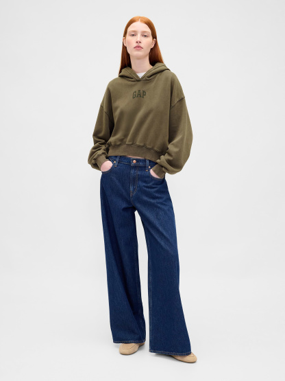 VintageSoft Crop Logo Hoodie - Black moss green wash