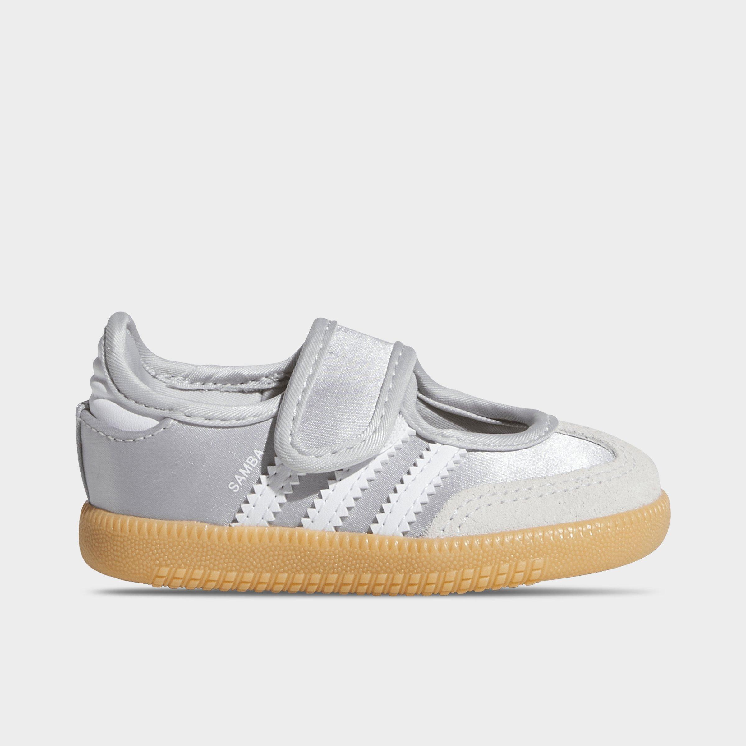 Girls' Toddler adidas Originals Samba Jane Casual Shoes - Silver Metallic/White/Gum - Left shoe facing left. Outside of the shoe.