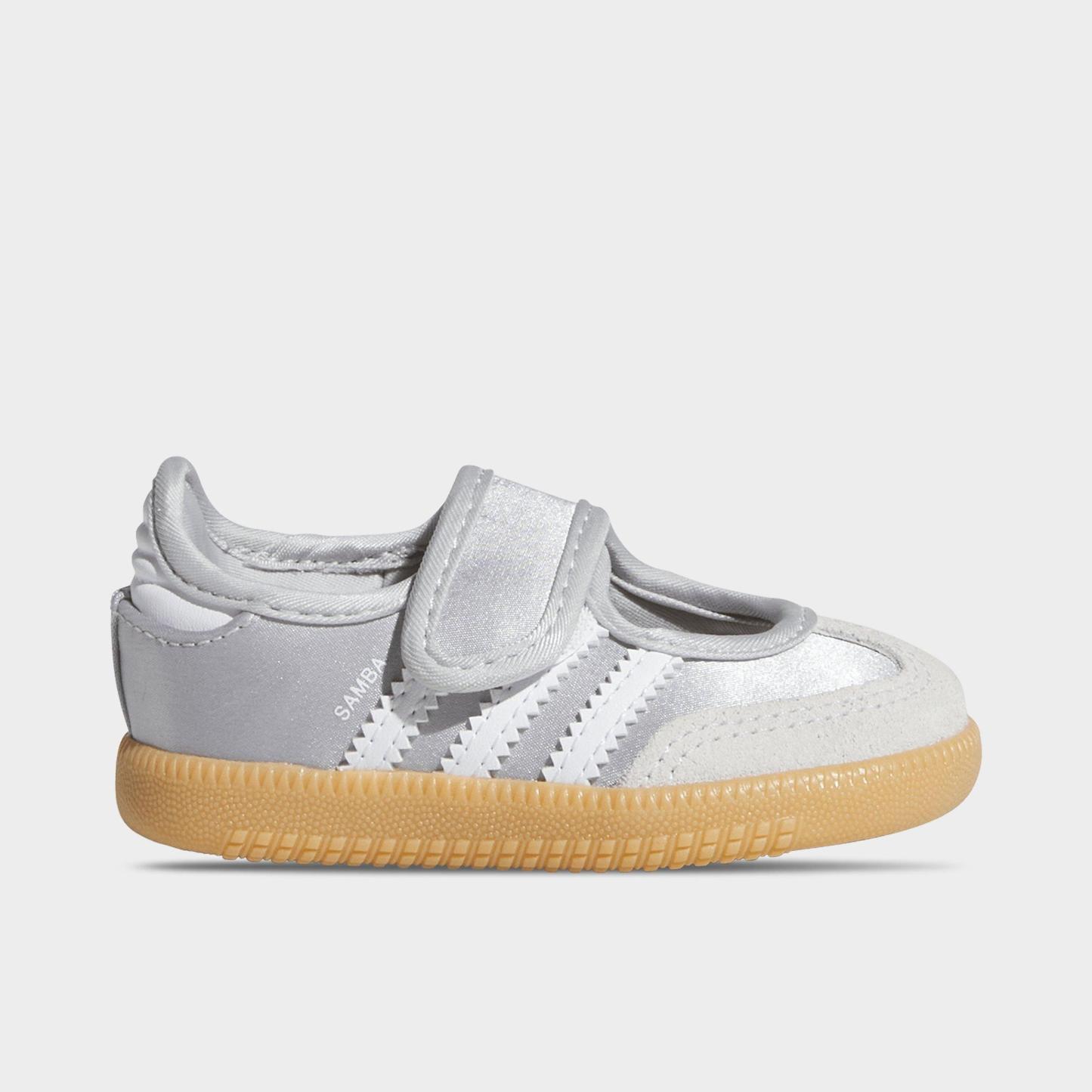 Girls' Toddler adidas Originals Samba Jane Casual Shoes - Silver Metallic/White/Gum - Left shoe facing left. Outside of the shoe.