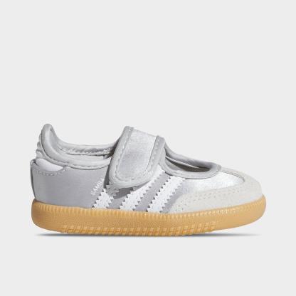 Girls' Toddler adidas Originals Samba Jane Casual Shoes - Silver Metallic/White/Gum - Left shoe facing left. Outside of the shoe.