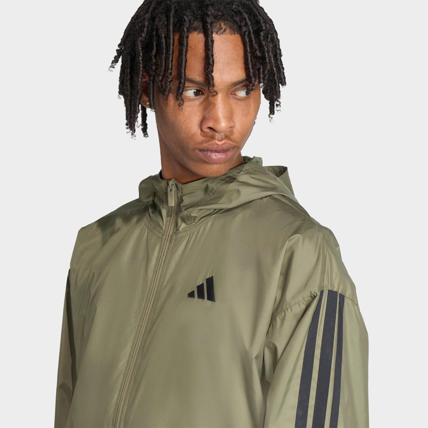 Men's adidas Essentials 3-Stripes Full-Zip Windbreaker Jacket - Olive Strata/Black
