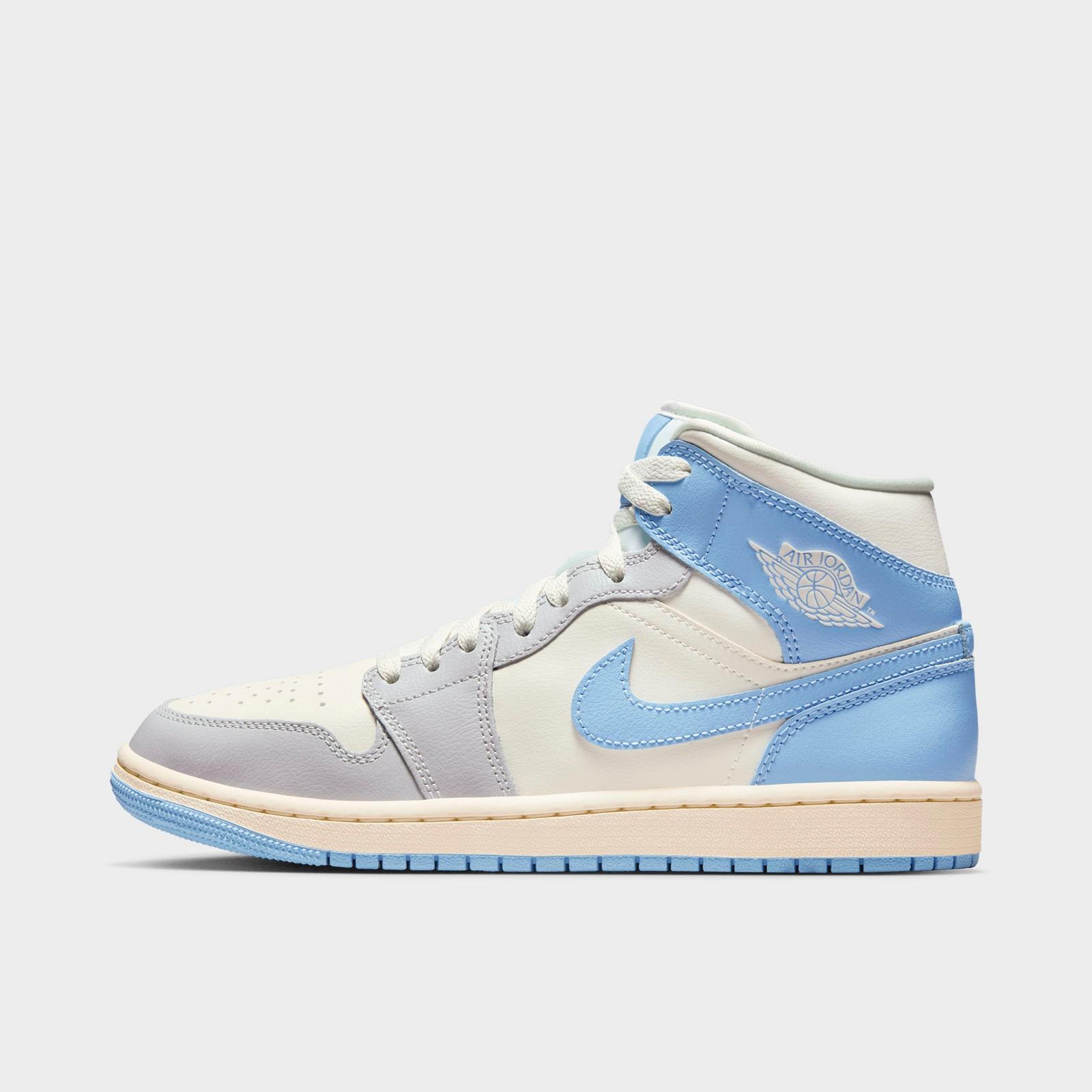 Women's Air Jordan Retro 1 Mid Casual Shoes - Psychic Blue/Sail/Coconut Milk/Neutral Grey - Left shoe facing left. Outside of the shoe. - view 1