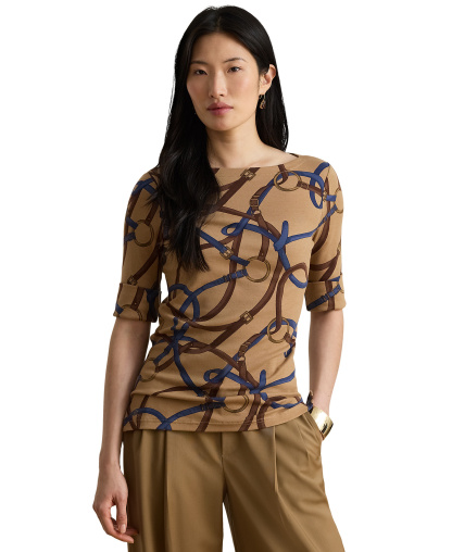 Lauren Ralph Lauren Women's Belting Print Boat Neck Top - Camel Multi
