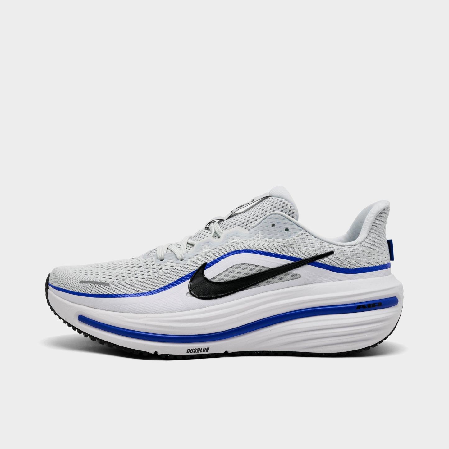 Men's Nithtke Air Winflo 12 Road Running Shoes - Off White/Black/White/Wolf Grey - Left shoe facing left. Outside of the shoe.